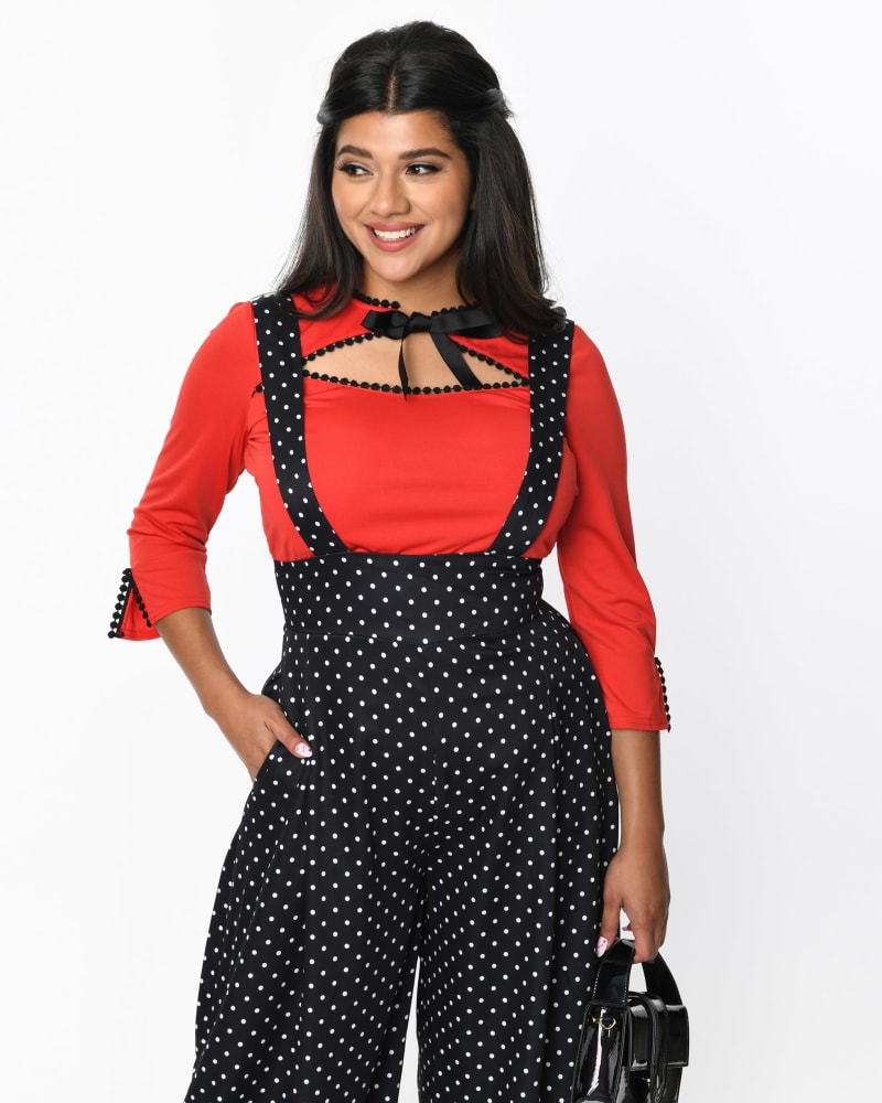 Front of a model wearing a size 2X Unique Vintage Red Cutout Neck Tie Top in Red by Unique Vintage. | dia_product_style_image_id:331645